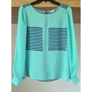 Cremieux Mint & Navy Striped Sheer Blouse